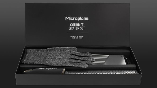 
                    Gourmet Grater set from Microplane with protective glove