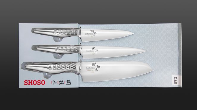 
                    Set of knives Shoso with utility knife, office knife and Santoku