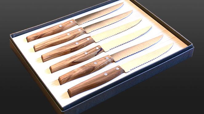 
                    Set de couteaux à pizza avec des manches en bois d'olivier certifié FSC